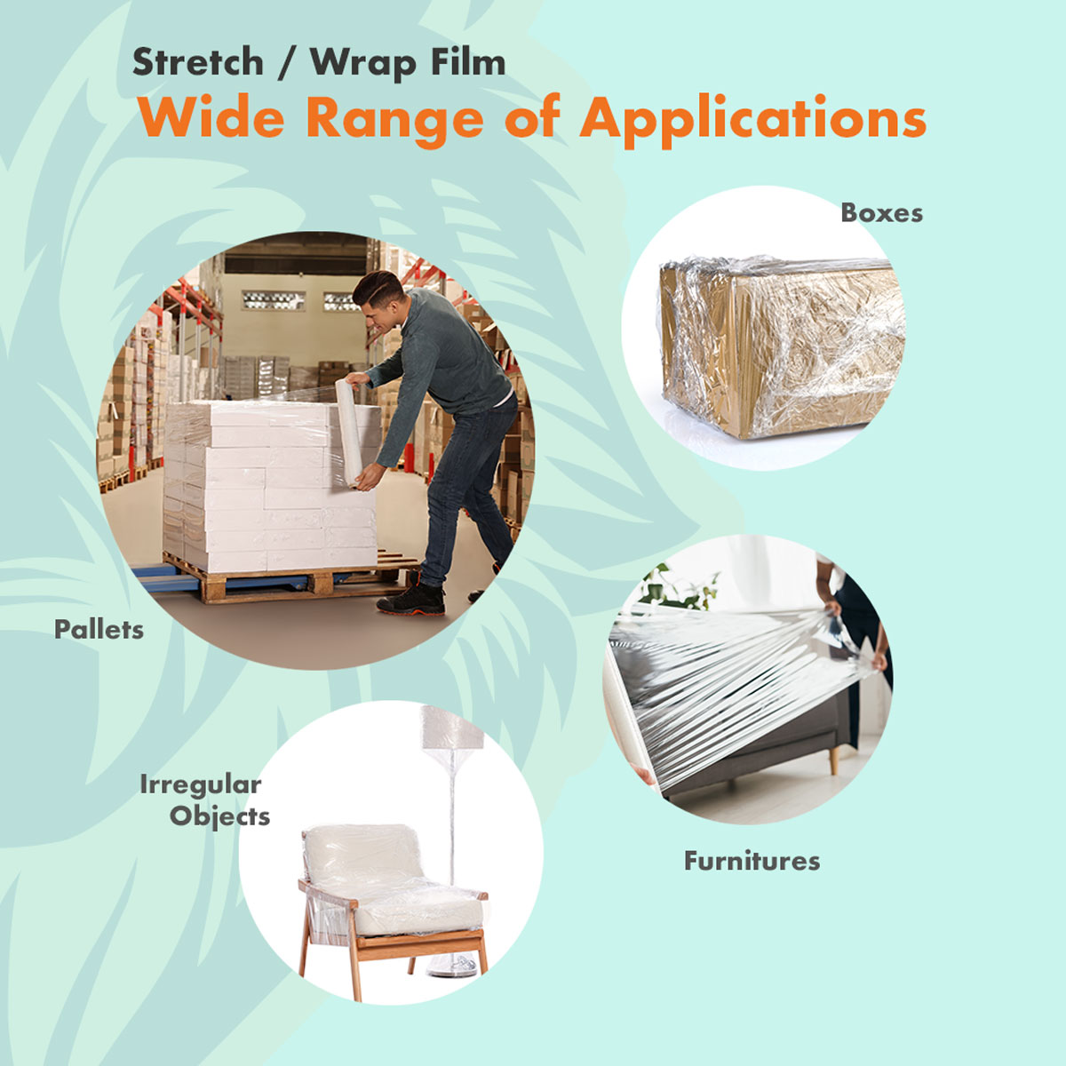Applications for stretch / wrap film in wrapping boxes, furnitures, pallets and irregular objects